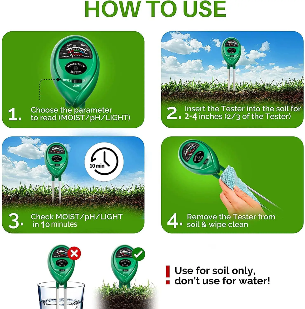 3-in-1 Soil Meter – pH, Moisture & Light Tester