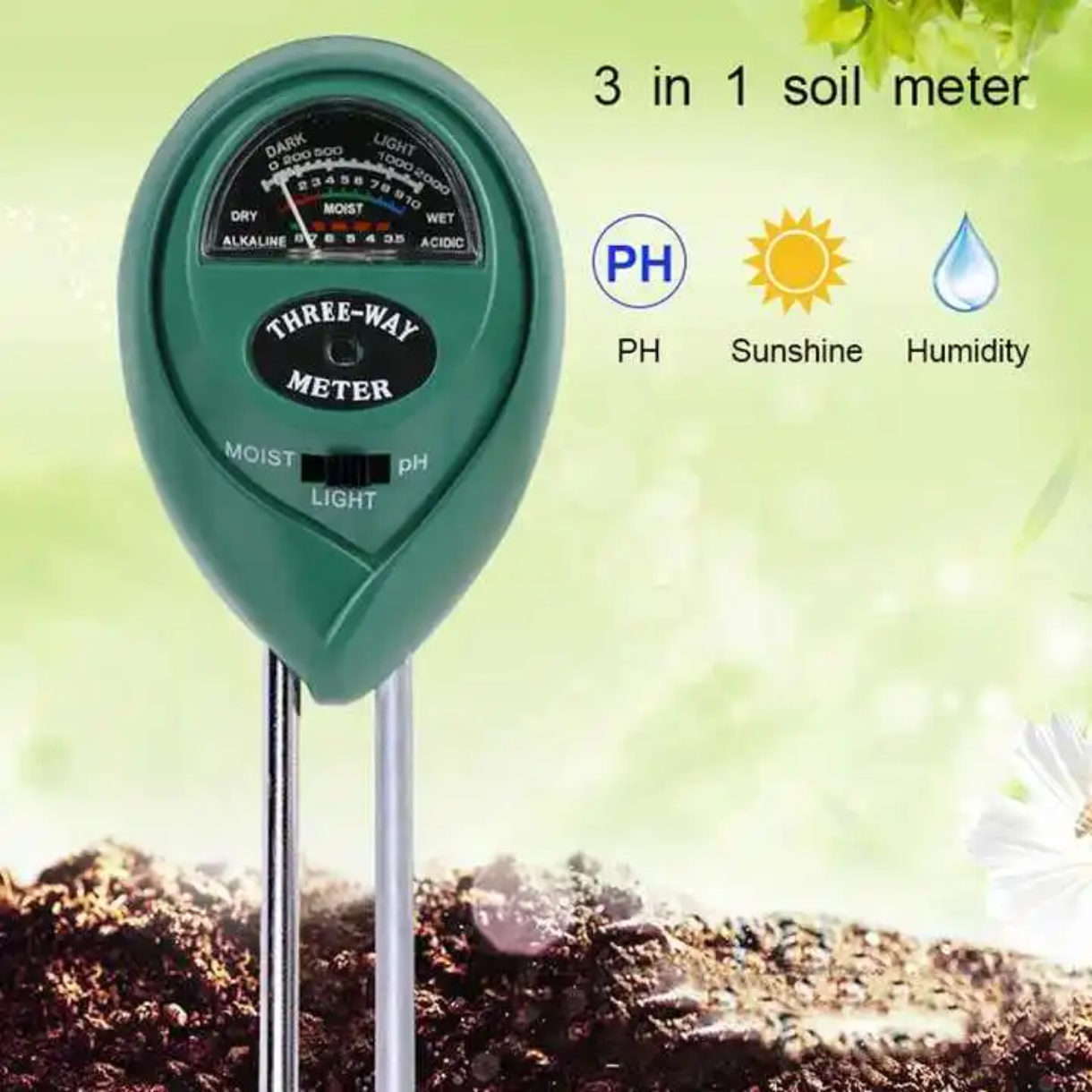 3-in-1 Soil Meter – pH, Moisture & Light Tester