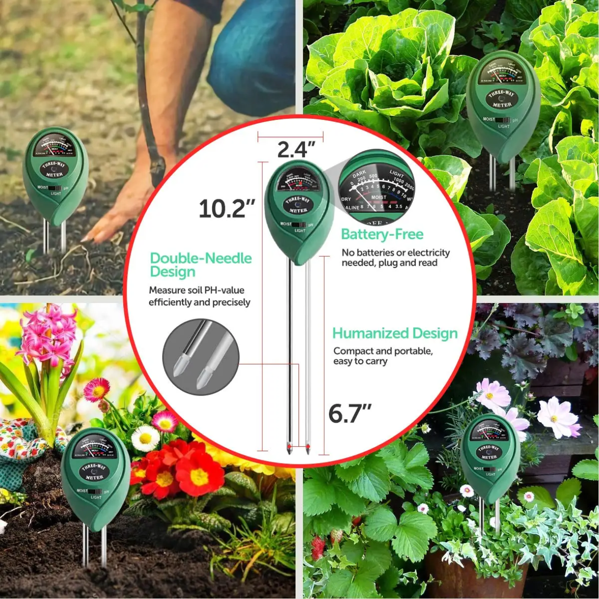3-in-1 Soil Meter – pH, Moisture & Light Tester